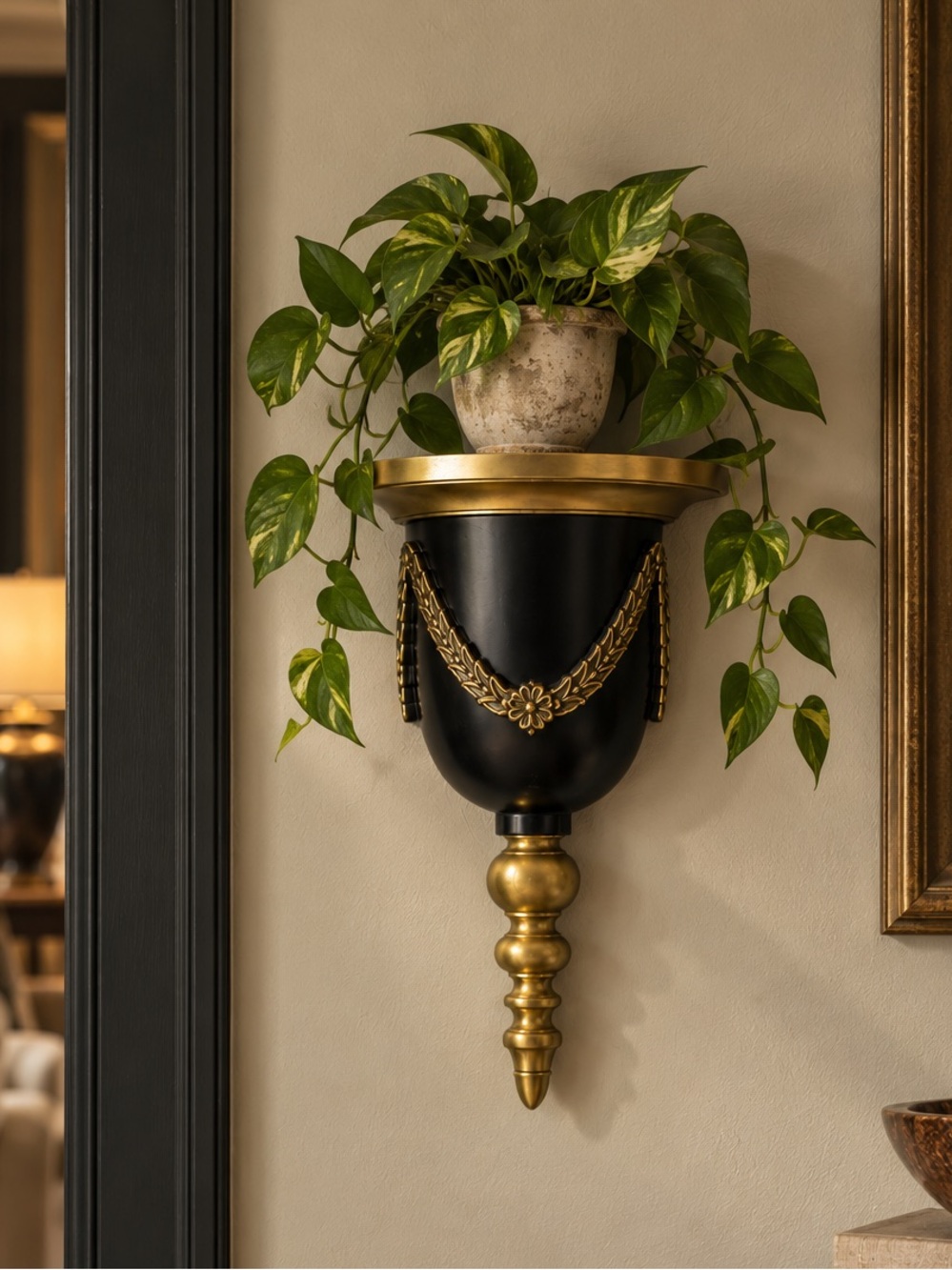 Vintage Solid Cast Brass Neoclassical Wall Bracket | 14” Black & Gold Shelf